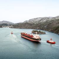 The Stamford Eagle is shown here sailing on 100% sustainable biofuel near Sauda in Norway’s Sandsfjord. (Photo: Eagle Bulk Shipping)