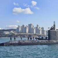 The submarine USS Columbus (SSN 762), seen here in the Republic of Korea in 2014, will undergo maintenance and modernization at HII’s Newport News Shipbuilding division. Work is expected to be completed in May 2019. (U.S. Navy photo)