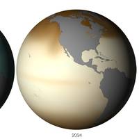 The two globes illustrate the changes in ocean acidification that are expected as the ocean continually absorbs carbon dioxide from the atmosphere. Green areas are sufficiently saturated with aragonite to support shell formation; areas colored yellowish-brown are under-saturated, and shell dissolution occurs. The climate model shows the change in ocean aragonite saturation from 1885 to what is expected in 2094. (Image: NOAA)