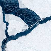 The wind has opened a lead between ice floes. As the white streaks reveal, the water surface is freezing again immediately. The streaks occur when the wind drifts loose ice crystals. Photo IceCamStefan Hendricks, Alfred-Weg