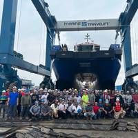 The WindServe Genesis is launched a the Senesco Marine shipyard in Rhode Island (Photo: Senesco Marine)