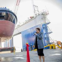 TNPA’s new tugs, Qunu and Cormorant, were launched and named at the Southern African Shipyards in Durban Linda Mabaso, Chair of Transnet SOC Limited, named the vessels, flanked by Trishna Misra, Chief Financial Officer of Southern African Shipyards. (Photo by Philip Wilson – Logico Creative Solutions)
