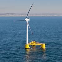 Illlustration - A semi-submersible type floating offshore wind turbine foundation called the WindFloat. Credit: Untrakdrover/Wikimedia Commons - CC BY-SA 3.0