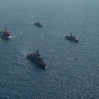 Turkish Navy vessels escorting the Oruc Reis seismic vessel - Credit: Turkish Defense Ministry