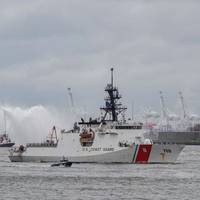 U.S. Coast Guard Cutter Calhoun approaches Lower Manhattan during the Parade of Ships for Fleet Week New York 2025, May 21, 2025. Fleet Week offers the public a chance to meet Coast Guard personnel and learn about maritime missions and capabilities. (U.S. Coast Guard photo by Petty Officer 2nd Class Sydney Phoenix)