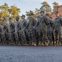 U.S. Marines participate in the Swedish Heritage Parade in Dragsvik, Finland, Nov. 6, 2024. U.S. Marines assigned to Marine Rotational Force – Europe are in Finland to participate in exercise Freezing Winds 24, an annual Finnish-led maritime exercise which serves as a venue to increase Finnish Naval readiness and interoperability between NATO partners and allies in and around the Baltic Sea. (U.S. Marine Corps photo by Lance Cpl. Christian Salazar)