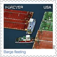 U.S. Postal Stamp: "Barge Fleeting," an aerial view of towing vessels.