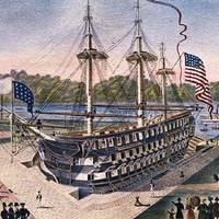 USS Delaware entering the first drydock in America at Gosport Navy Yard (Norfolk), June 17, 1833. (Courtesy Tommy Trampp, NavSource)