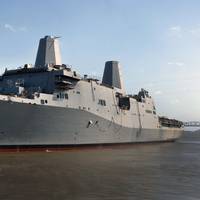 USS Somerset (LPD 25) is launched from the Avondale Shipyard in 2012. The vessel later became final Navy ship to depart from the shipyard, in February 2014. (U.S. Navy photo courtesy of Huntington Ingalls Industries)