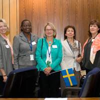 Vera Chalkidis, president of WISTA International, with some of the leadership team.  Left to right: Carleen Lyden-Kluss, Dime Agboire, Anna Risfelt Hammargren, Ms Chalkidis, Kathleen Haines, Consuelo Rivero, and Irene Lim. Photo courtesy Adrian Nettleship.