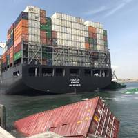 Visible damage to containers aboard MV Tolten, which side-swiped the moored containership MV Hamburg Bay (Photo: Hassan Jan)