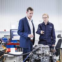Volvo Penta’s chief technology officer, Johan Carlsson, and system engineer, Karin Åkman, discuss innovation for electromobility at the company’s new development-and-test laboratory in Gothenburg. (Photo: Volvo Penta) 