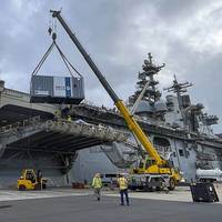 Wasp-class amphibious assault ship USS Essex (LHD 2) onloads a 3D printer during Rim of the Pacific (RIMPAC) 2022, July 8, 2022.  
U.S. Navy photo by Chief Mass Communication Specialist Ace Rheaume