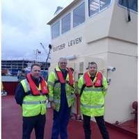 Wearing the new K2- 275 twin chamber lifejackets (left-right): Andy Bracewell –  Sales Manager, Mr Robert Gray – Managing Director at Southampton Marine Services , Andy Norwood – Health and Safety Officer, Svitzer, UK
