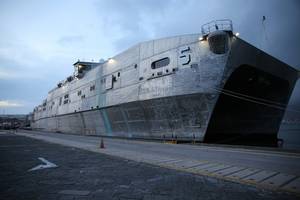 File photo: USNS Trenton (EPF 5) docked in Gaeta, Italy in 2017. (Photo by Matthew Montgomery)