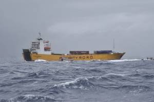 The 412-foot motor vessel Island Express takes on water about 4 miles off San Juan, Puerto Rico, Wednesday, July 29, 2020. Coast Guard rescue crew from Station San Juan and Air Station Borinquen responded to assist the vessel. (U.S. Coast Guard photo by Ricardo Castrodad)