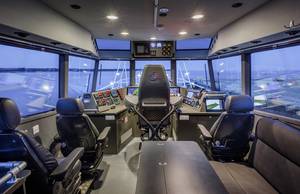 The view from the wheelhouse of Baltic Workboats pilot boat. Baltic Workboats has entered the US domestic boatbuilding game with this new entry. CREDIT: Baltic Workboats