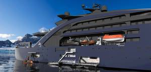 Multipurpose: an illustration of Ulstein International’s nuclear-powered Thor showing its ship-to-ship resupply boom and passenger transfer, and below a close-up of a replenishment operation. Image courtesy Ulstein International