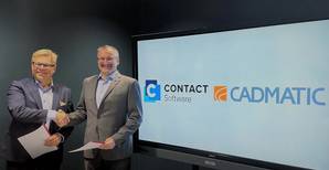 Cadmatic CEO Jukka Rantala (left) and CONTACT Software CEO Karl Heinz Zachries (right) shake hands on the strategic partnership agreement (Photo: Cadmatic)