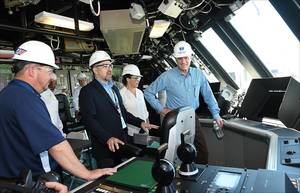 Secretary of the Navy, The Honorable Richard V. Spencer (far right), tours LCS 13 (Wichita), during his tour of the Fincantieri Marinette Marine shipyard. He was joined by Ms. Polly Spencer, sponsor of LCS 27 (Nantucket) and Secretary Spencer’s wife. Photo: Lockheed Martin