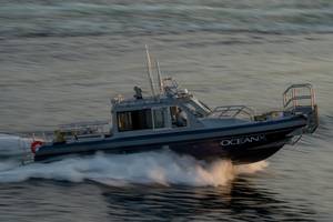A custom 38-foot Defiant-class welded aluminum monohull pilothouse vessel will be carried aboard the recently-launched R/V OceanXplorer (Photo: Andy Mann, OceanX)