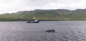 A dive team investigates sonar targets collected via the REMUS 100 AUV, with RV Norseman II sailing in the background (Photo: NOAA)