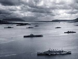 PQ-17 Arctic Convoy, June-July 1942. The covering forces of the PQ-17 Convoy (British and American ships) at anchor in the harbor at Hvalfjord, Iceland, May 1942 (Photo: BOAM)