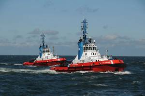 KOTUG's contract with Perenco for towage support for operations off Port Gentil, Gabon includes the chartering, operation and manning of three vessels, two of which are Kotug’s first-ever Rotor Tugs, the RT Magic and RT Spirit, pictured. Photo courtesy KOTUG.