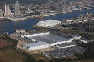 A recent aerial image of most of Austal USA's Mobile, Ala. facilities, including its new steel panel line addition. (Photo: Austal USA)
