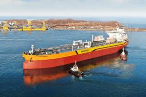 Aframax tanker Vladimir Monomakh is the first vessel to be built at Russia's new Zvezda Shipbuilding Complex (Photo: Rosneft)
