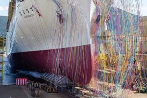 Christening and Launch Ceremony of HAMANASU. Image courtesy Mitsubishi Shipbuilding