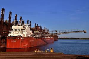 CSL Assiniboine loading iron ore at the CN/Duluth dock. Photo by Diane Hilden/courtesy Duluth Seaway Port Authority
