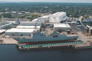 Fincantieri Marinette Marine rendering with completed construction and FFG-62 on shiplift. Photo courtesy FMG