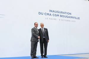 François Hollande with Jacques Saadé at the inauguration ceremony for CMA CGM Bougainville (Photo: CMA CGM)