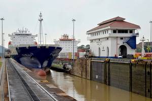 Isla Bella transiting the locks at Mira Flores (Photo courtesy of the Panama Canal Authority)