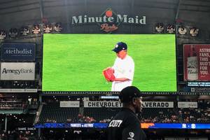 Nippon Foundation Chairman Yōhei Sasakawa delivering the first pitch of the Houston Astros MLB game at Minute Maid Park in Houston, TX. (Image: Rob Howard/MarineLink.com)