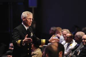 Rear Adm. Matthew Klunder, chief of naval research, discusses rapid innovation during the Surface Navy Association (SNA) 26th Annual National Symposium. (U.S. Navy photo by John F. Williams/Released)
