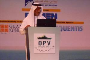 Rear Admiral (R) Ahmed Al Sabab Al Teneiji, former chief of naval forces for the UAE Navy, welcomes delegates to OPV Middle East 2013 in Abu Dhabi.  The event had attendees from all of the Gulf Cooperation Council naval or maritime forces, as well as Pakistan, Egypt, the U.S. U.K. and other nations. (Edward Lundquist photo)