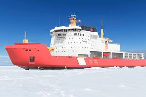 Rendering of the Canadian Polar Icebreaker, one of Aker Arctic’s most recent references. The company’s nonlinear FEM tools made it possible to use commonly available high strength steel.
Image courtesy Aker Arctic