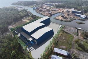 Rendering of the planned defense shipbuilding facility across from Master Boat’s existing facility on Bayou Coden. Image Courtesy Master Boat Builders