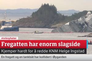 Sinking frigate (screenshot of NRK streaming coverage at https://www.nrk.no/. NRK is the Norwegian government-owned radio and television public broadcasting company)