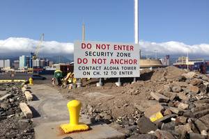 The new sign in Honolulu Harbor will inform mariners of the 24/7 security zone in the harbor and whom to contact for permission to enter. (U.S. Coast Guard photo)