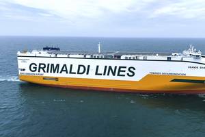 The PCTC Grande Shanghai was commissioned by the Grimaldi Group from China Merchants Heavy Industries. The vessel integrates numerous green technologies: mega lithium batteries with a total power of 5 MWh, 2,500 square meters of solar panels, and cold ironing with shoreside supply of electricity where available.
Image courtesy Grimaldi