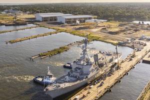 U.S. Navy destroyer Delbert D. Black (DDG 119) was moved to Pier Four on the east bank of the Pascagoula River, signifying the reopening of Ingalls' facility that had been decimated in 2005 by Hurricane Katrina. (Photo by Derek Fountain/HII)