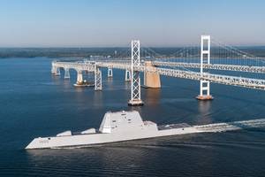 USS Zumwalt (DDG 1000) passes under the Gov. William Preston Lane Memorial Bridge, also known as the Chesapeake Bay Bridge, as the ship travels to its new home port of San Diego (U.S. Navy photo by Liz Wolter)