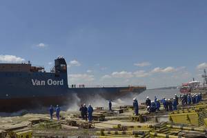 Van Oord’s new DP2 cable-laying vessel Nexus was launched at Damen Shipyards Galati (Photo courtesy of Damen)