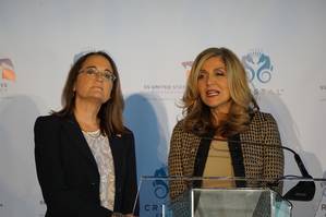 “We are ready to save history, full speed ahead” said Susan Gibbs (left). Gibbs and Edie Rodriguez, President and CEO of Crystal Cruises, announced plans to save the SS United States at a press conference in New York.  (Photo: Eric Haun)