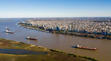 Aerial shot over Parana River in Front of Rosario