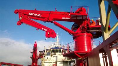 M350EL hydraulic elbow knuckle-boom marine crane on the Awaritse Nigeria Ltd vessel Prince Job I (Photo: Sormec)