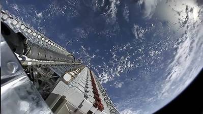 60 Starlink satellites stacked together before deployment. Photo credit: Starlink/SpaceX